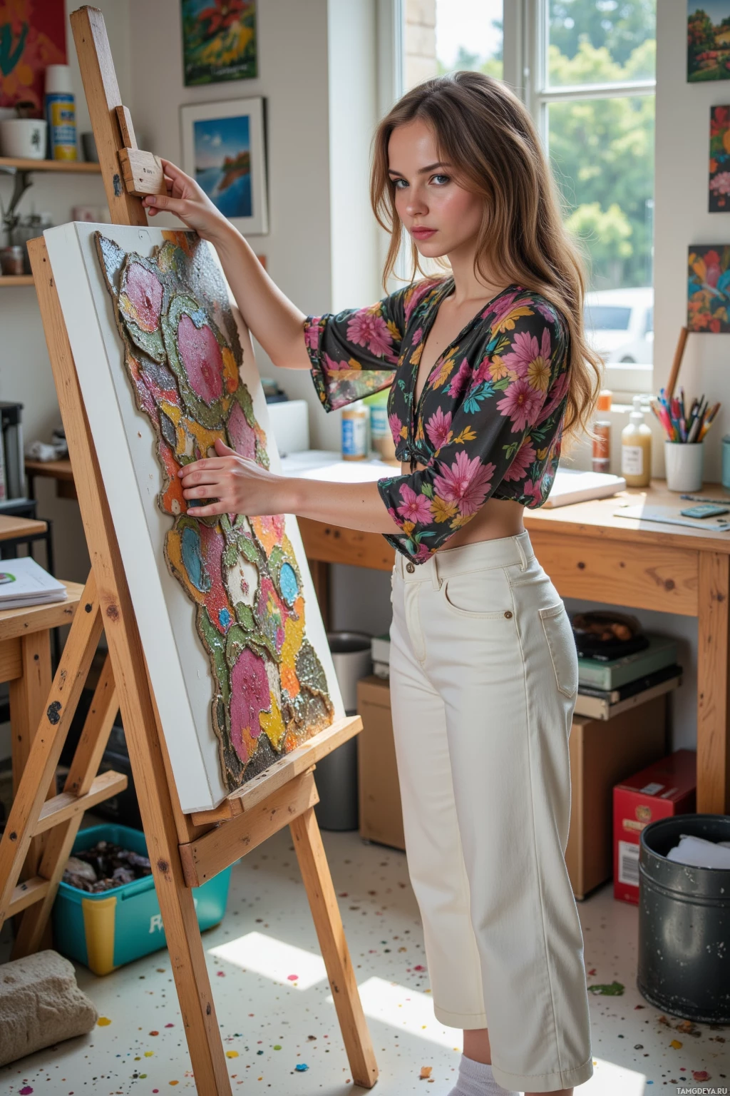 A person stands in an art studio, holding an easel with a colorful abstract painting.