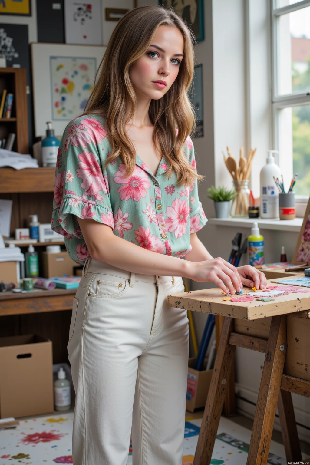 A woman in a floral shirt and white pants stands in a room with art supplies.