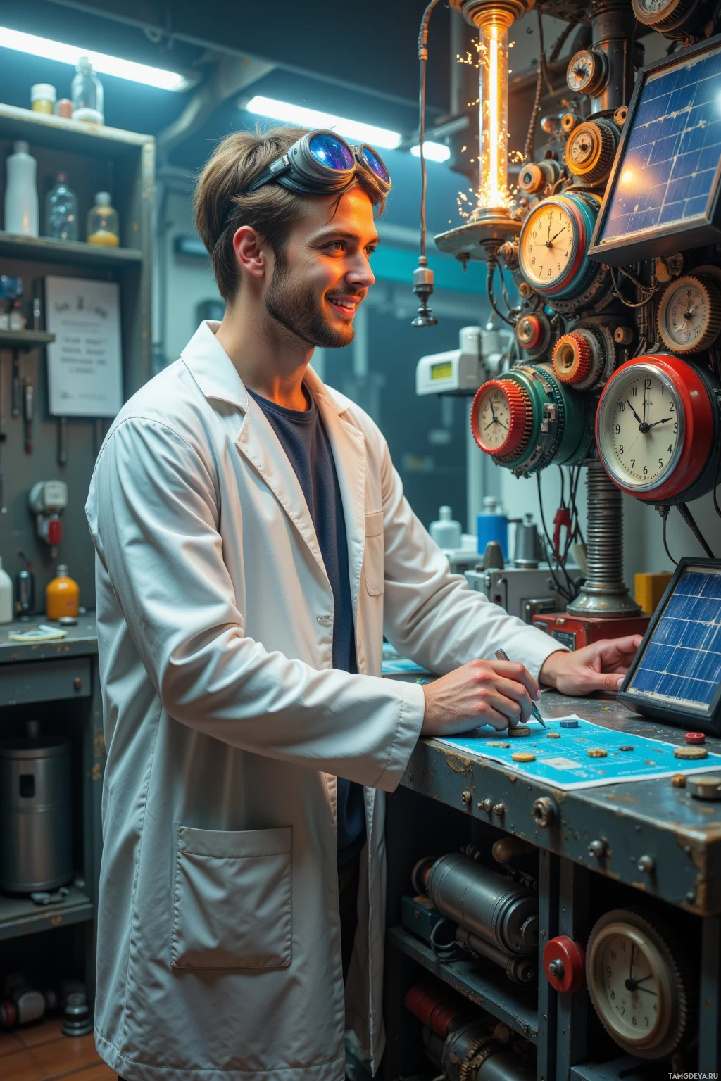 A man in a lab coat and goggles works on a complex machine in a workshop.
