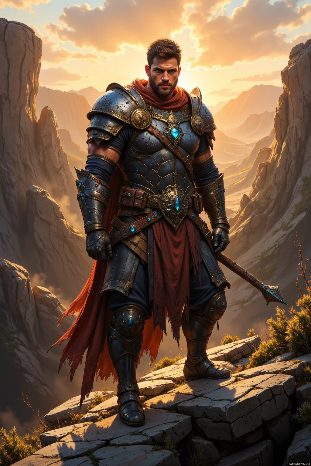 A warrior in ornate armor stands on a rocky outcrop, overlooking a mountainous landscape at sunset.