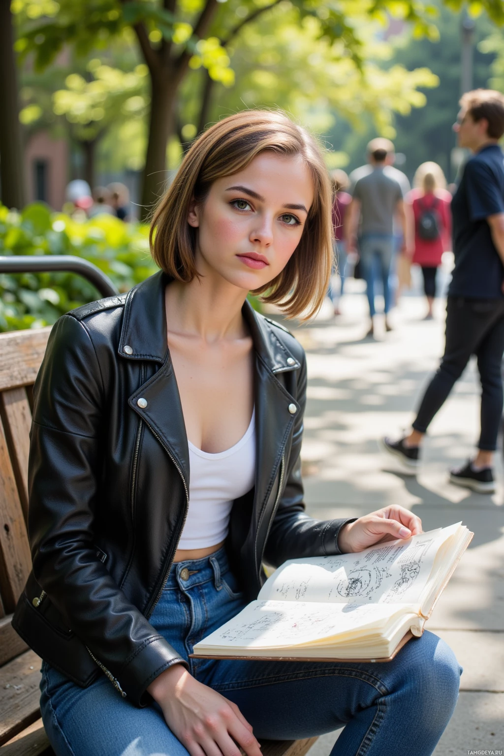 A person in a leather jacket and jeans sits on a bench, reading a book in a park.