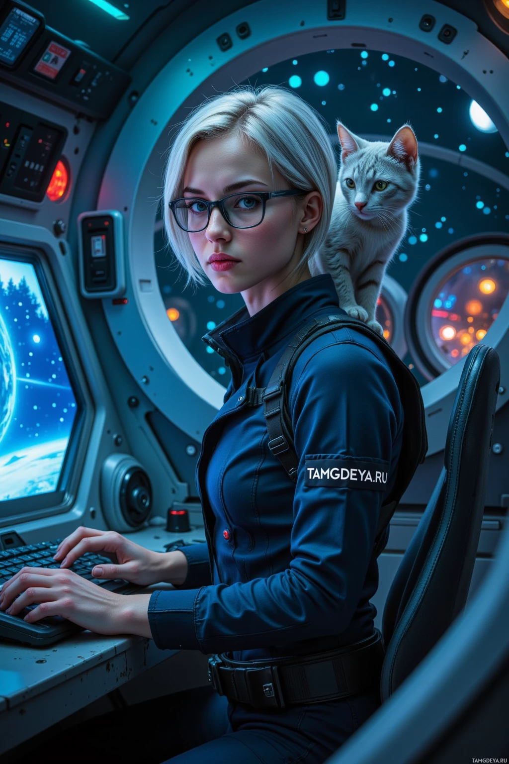 A person in a space suit works at a control panel with a cat perched on their shoulder.
