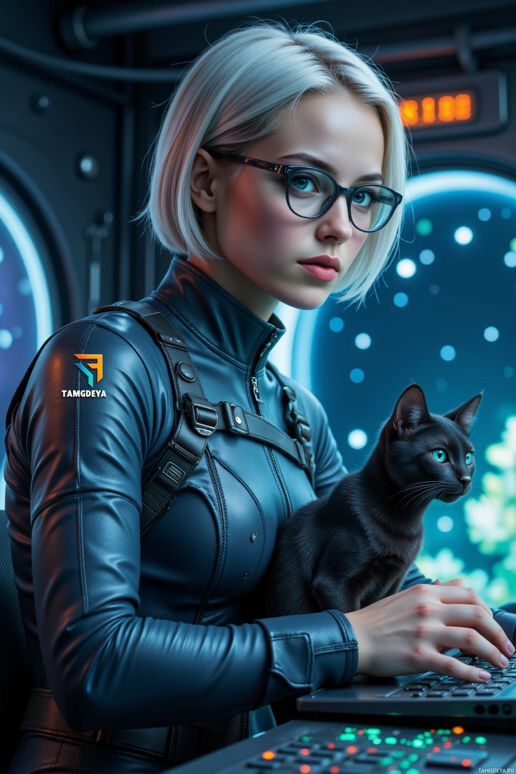 A person in a futuristic setting with a black cat, wearing a leather-like outfit and glasses, working on a control panel.