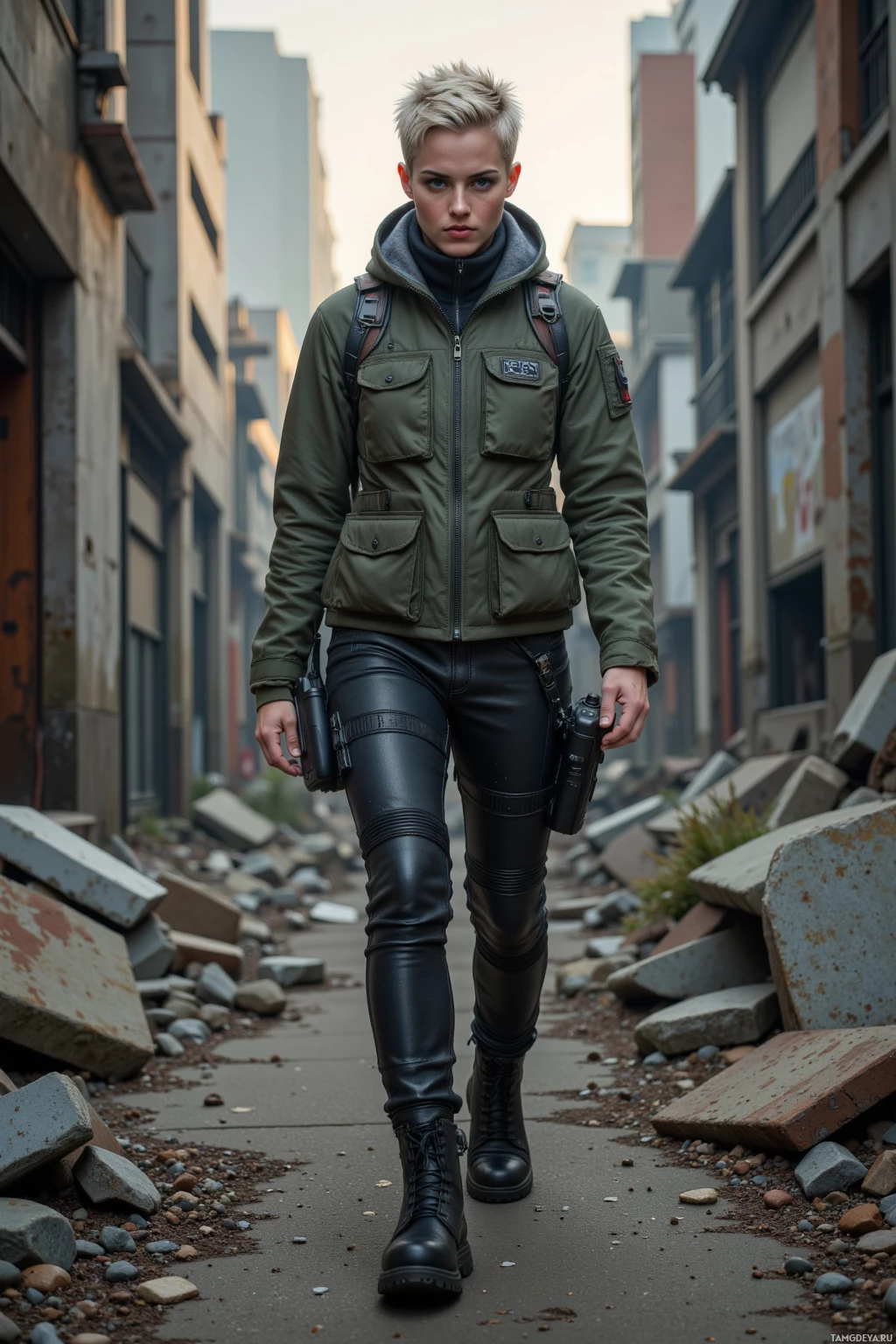 A person in a military-style jacket and leather pants walks down a debris-strewn alleyway.