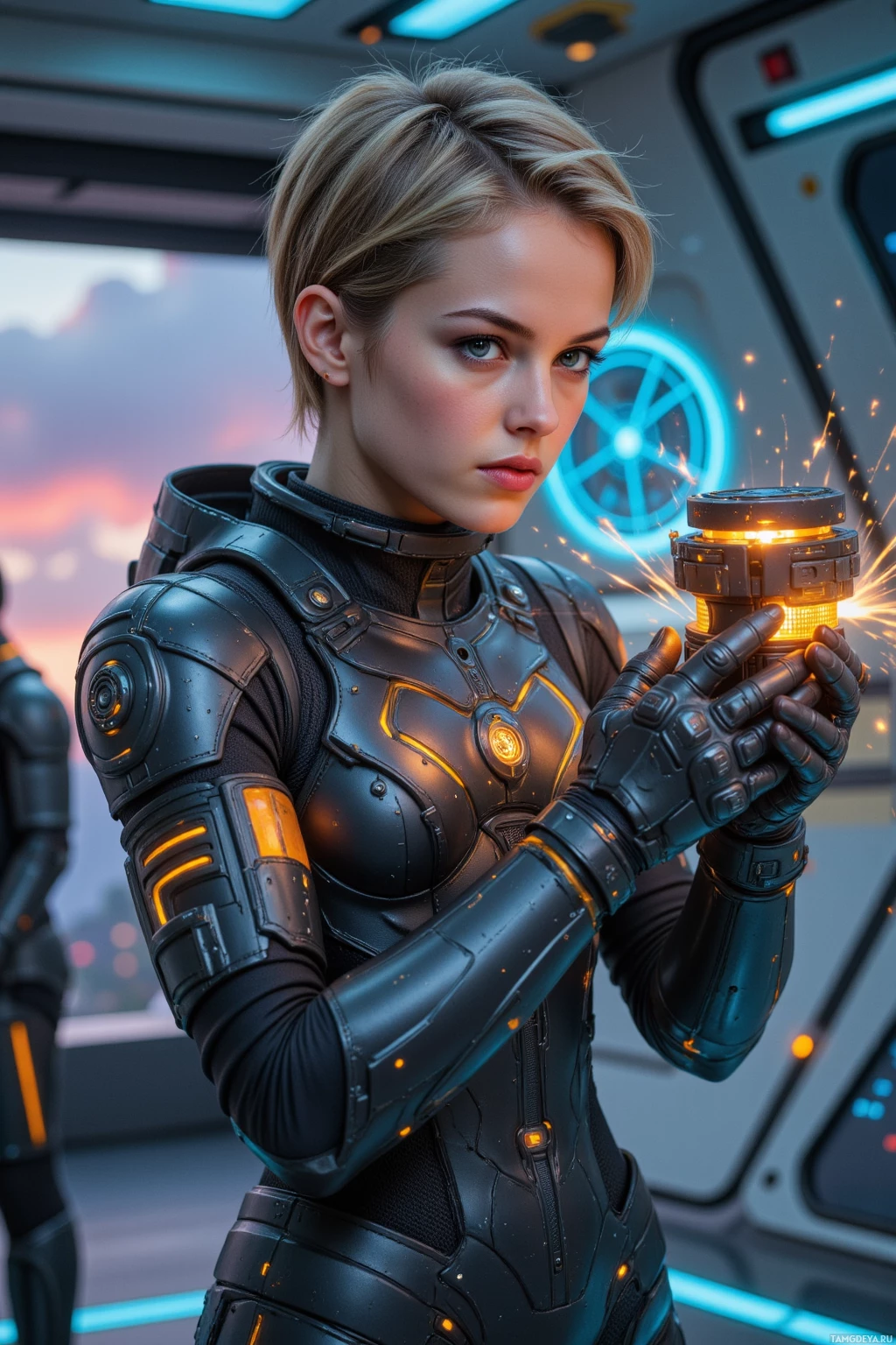 A person in futuristic armor holds a glowing device in a sci-fi setting.