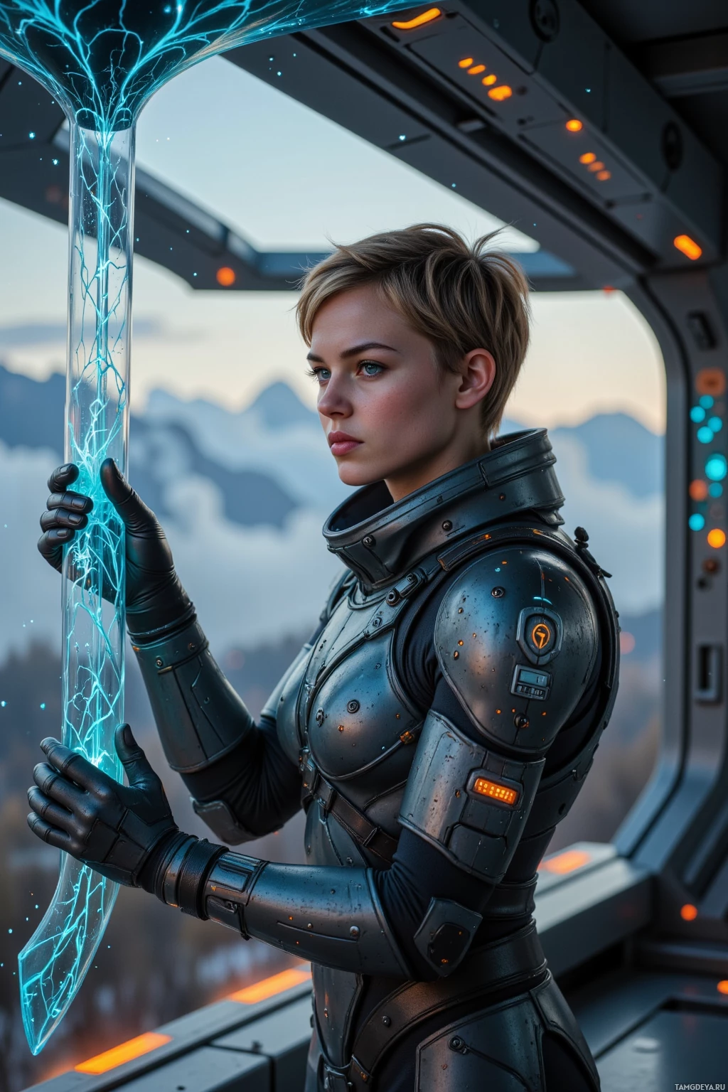 A person in futuristic armor holds a glowing blue energy staff inside a spacecraft.