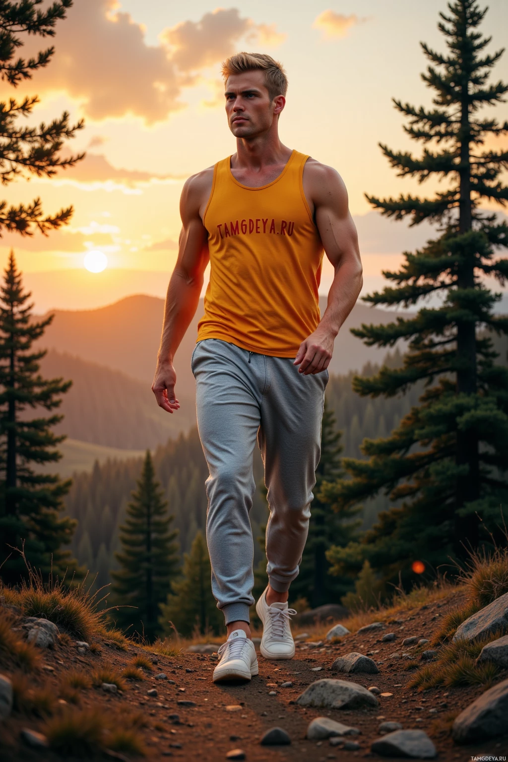 A muscular man in a yellow tank top and gray sweatpants walks along a rocky path in a mountainous forest at sunset.
