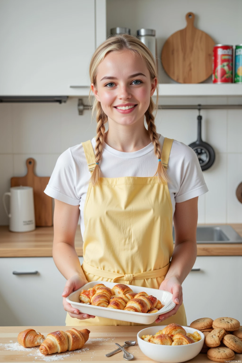 A person in a kitchen holds a tray of freshly baked croissants.