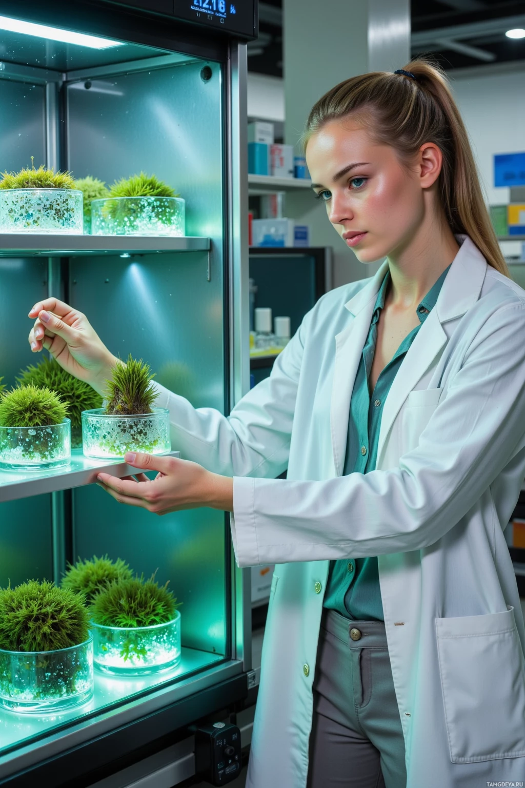 A scientist in a lab coat examines small plants in glass containers.