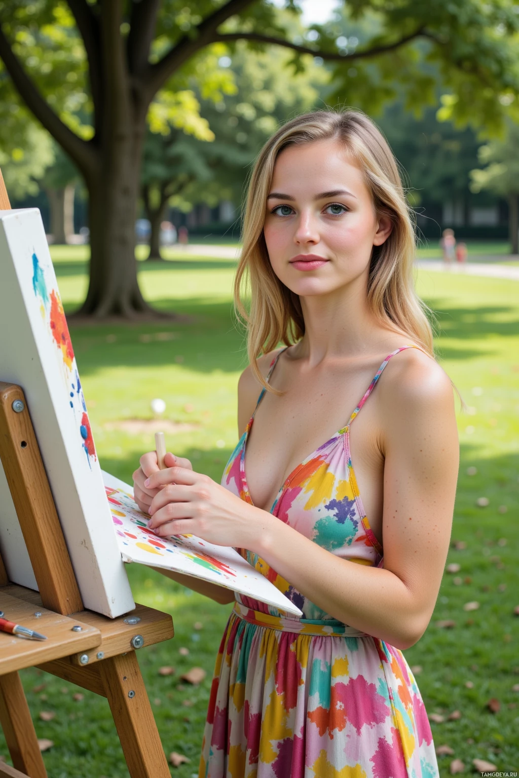 A woman in a colorful dress is painting outdoors in a park.