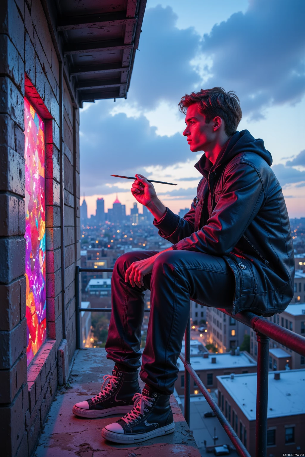 A person sits on a rooftop ledge, holding a paintbrush, with a cityscape and a vibrant mural in the background.