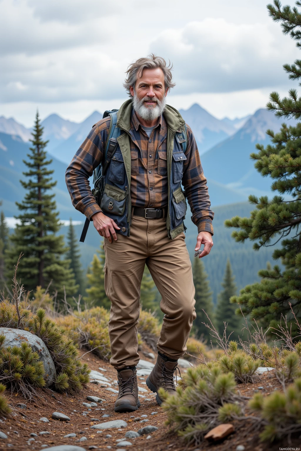 A man in outdoor attire stands on a rocky trail with a mountainous background.