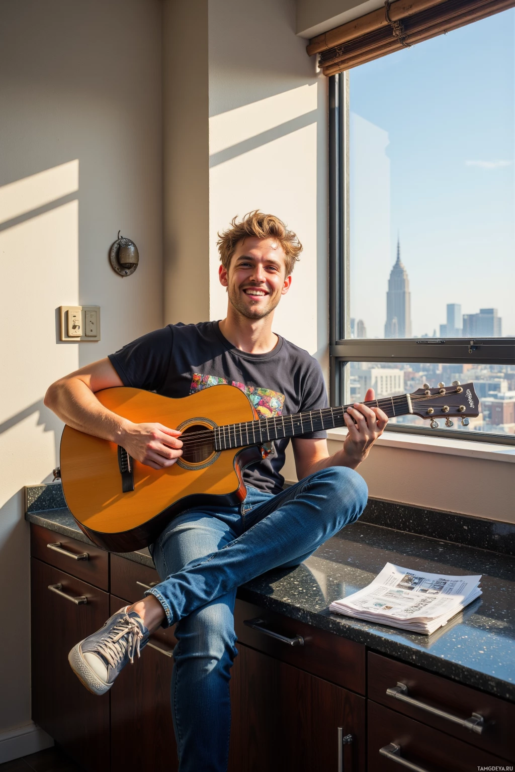 A person sits on a kitchen counter playing a guitar with a cityscape visible through the window.
