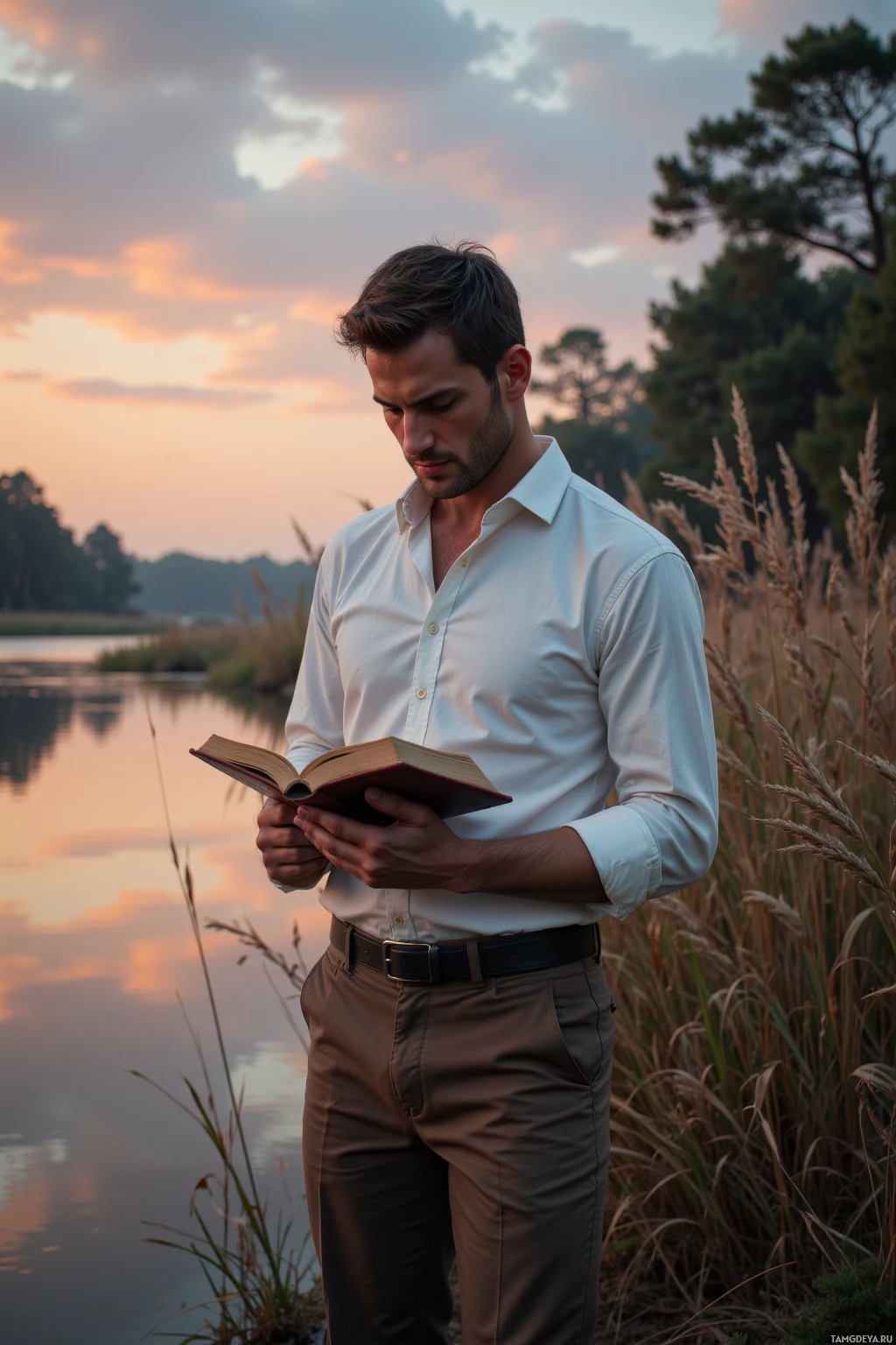 A man in a white shirt reads a book by a serene lakeside at sunset.