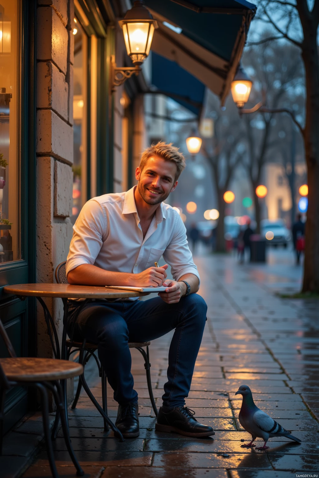 A man sits at an outdoor café table, writing in a notebook, with a pigeon nearby.
