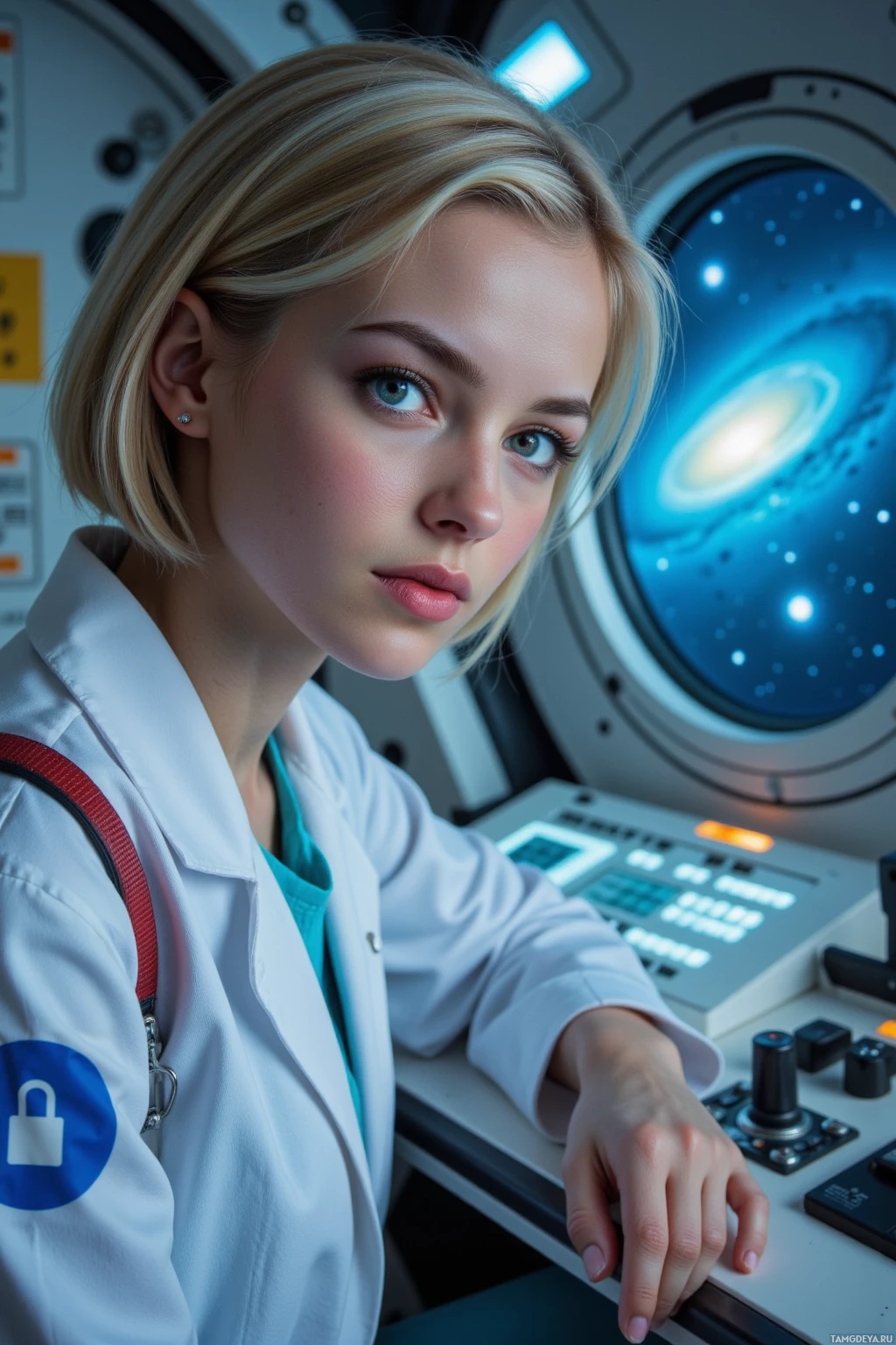 A person in a lab coat is seated at a control panel with a view of a starry space scene through a window.