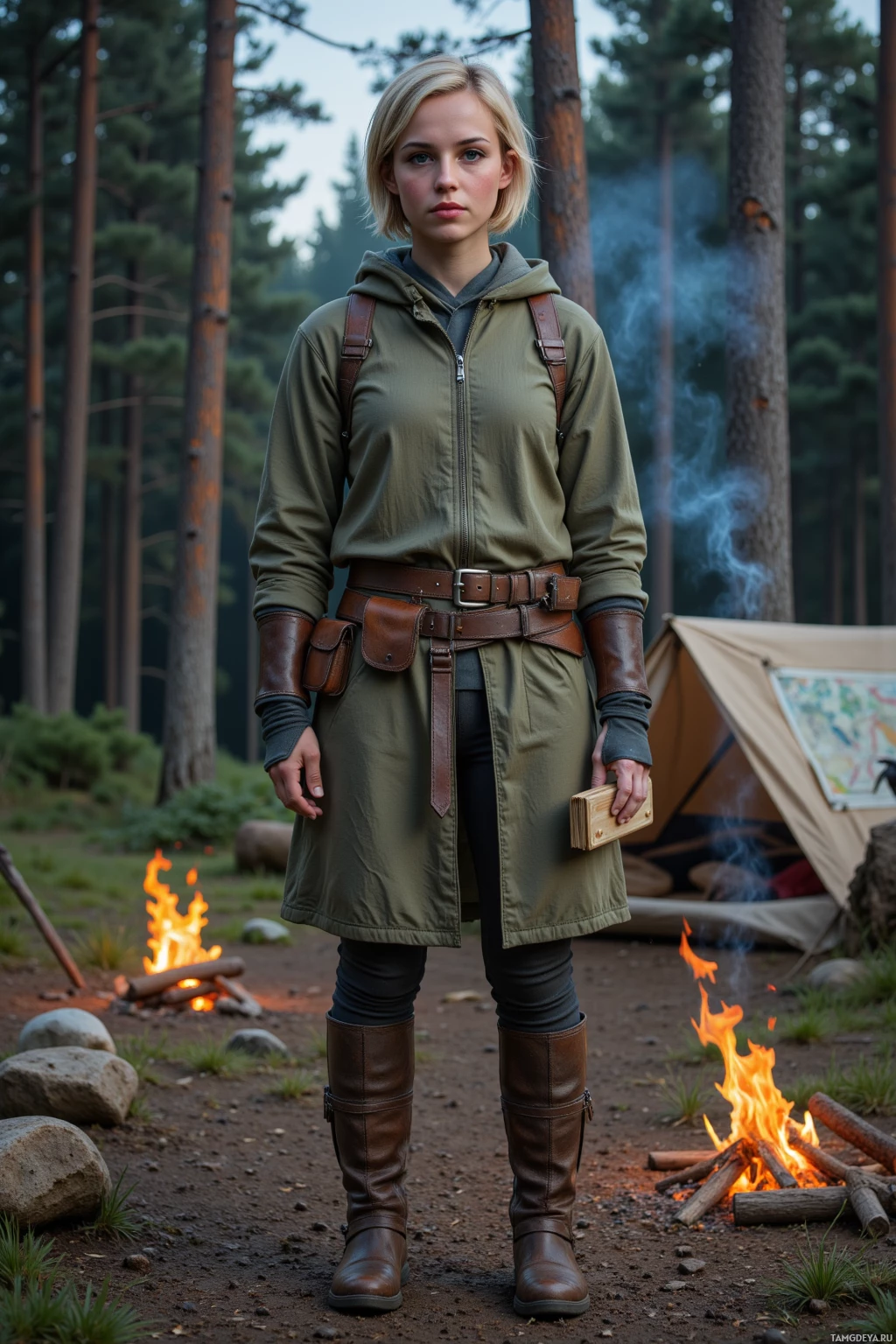 A person stands in a forested campsite, wearing a green jacket, brown boots, and a belt with pouches, holding a small wooden box.
