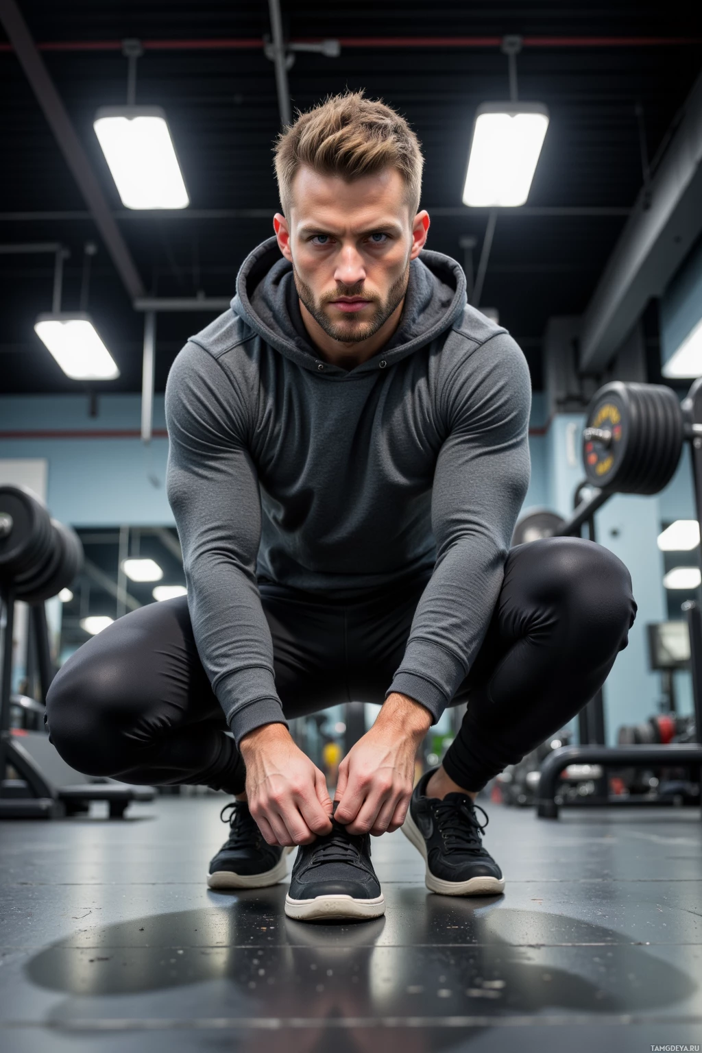 A man in a gym tying his shoelaces.