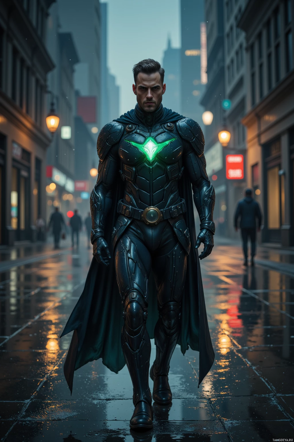 A person in a dark, futuristic suit stands on a wet city street at dusk.