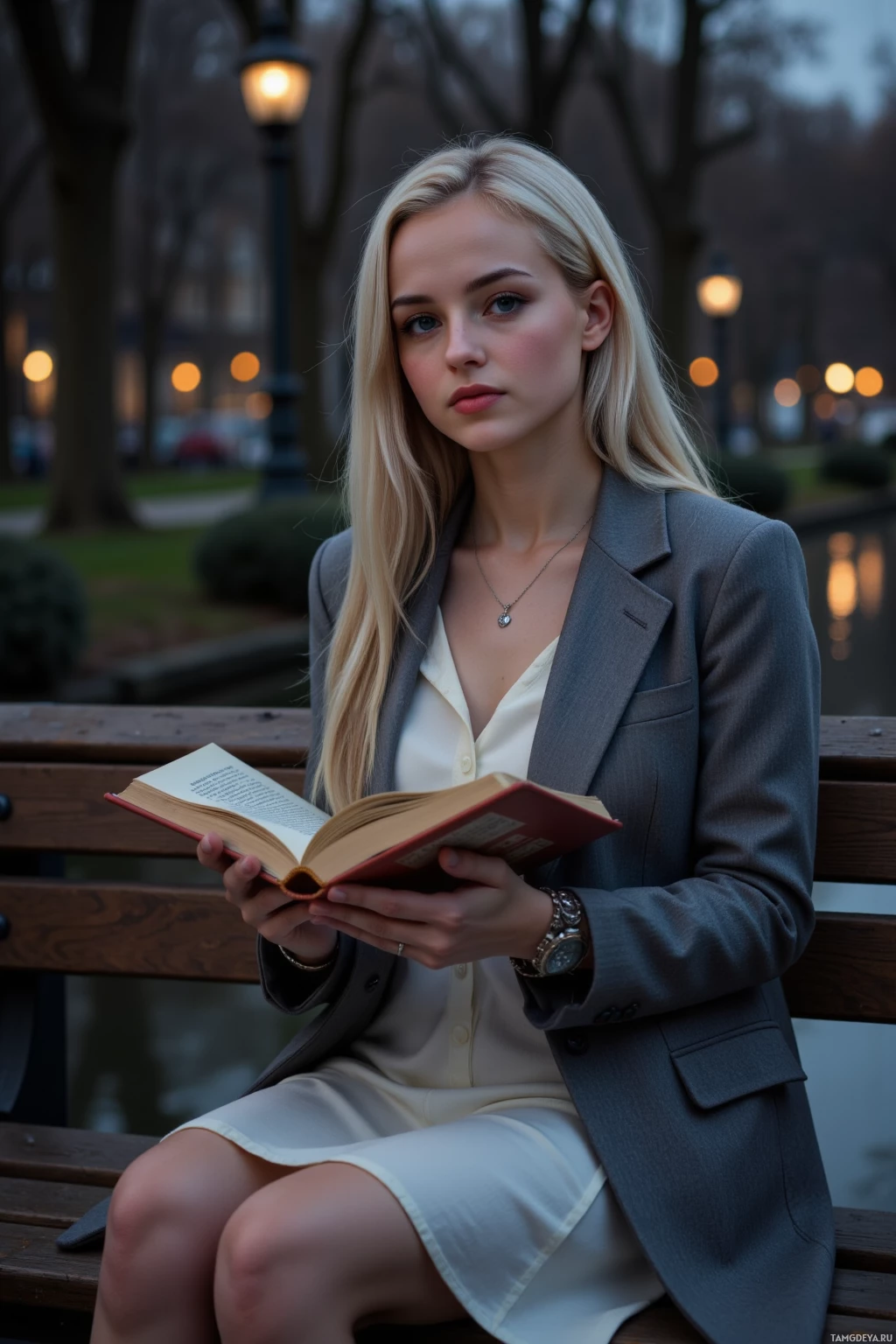A woman in a suit jacket and skirt sits on a bench reading a book.