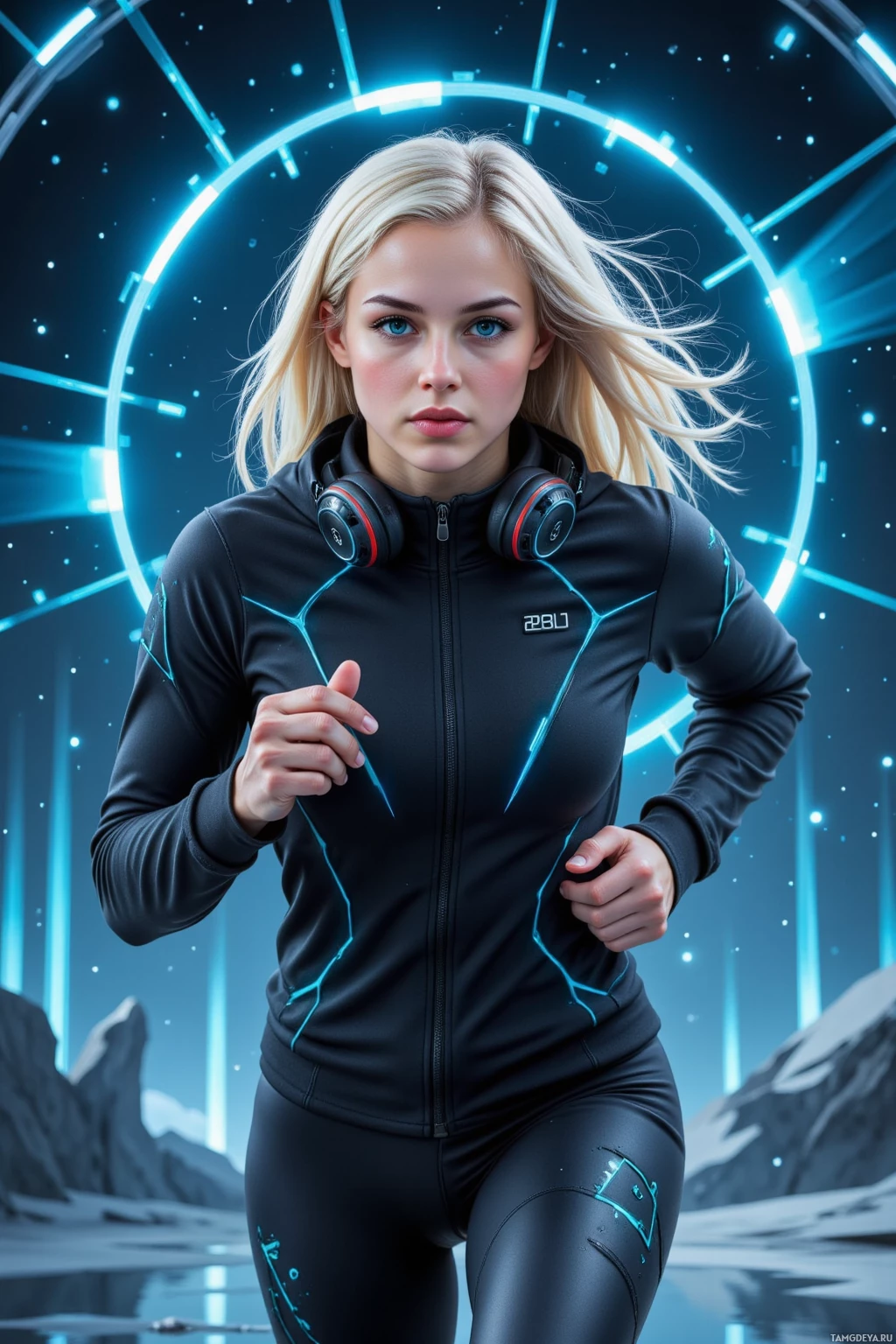 A woman in a futuristic black outfit with glowing blue accents and headphones stands against a cosmic background.