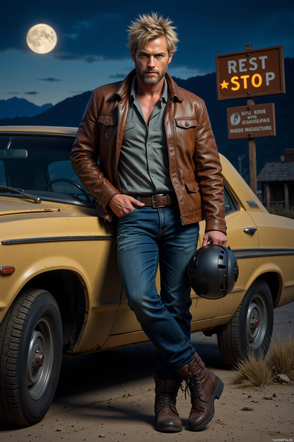 A man in a leather jacket stands beside a vintage car, holding a helmet, under a night sky with a full moon.