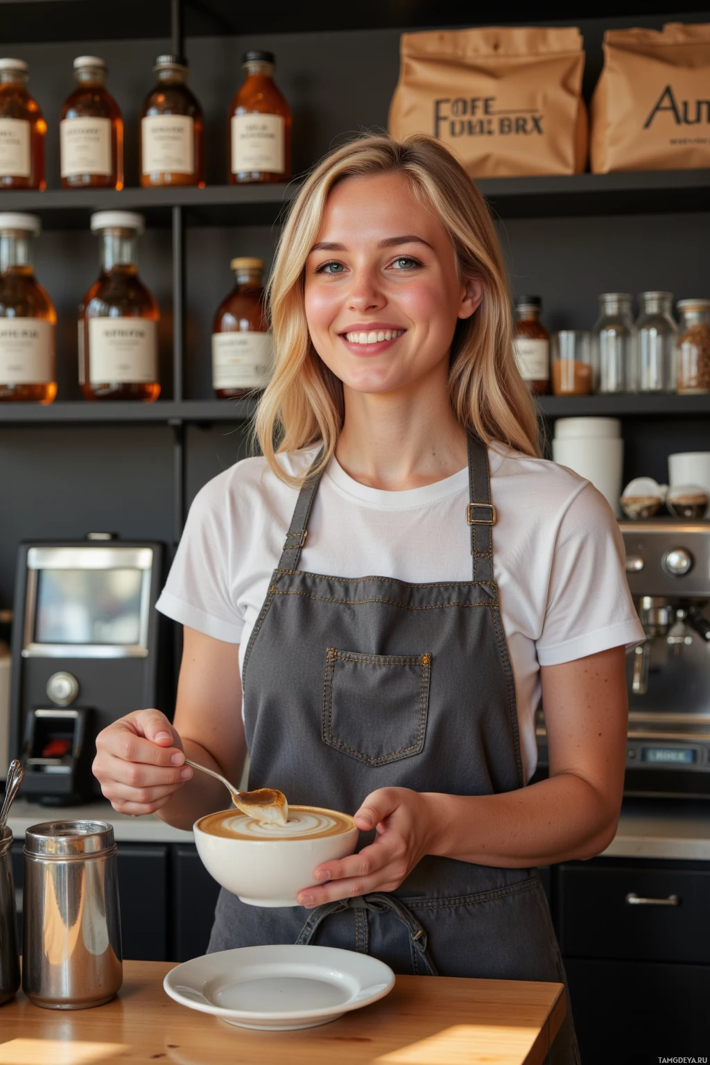 A person in a coffee shop setting, holding a cup of latte art.