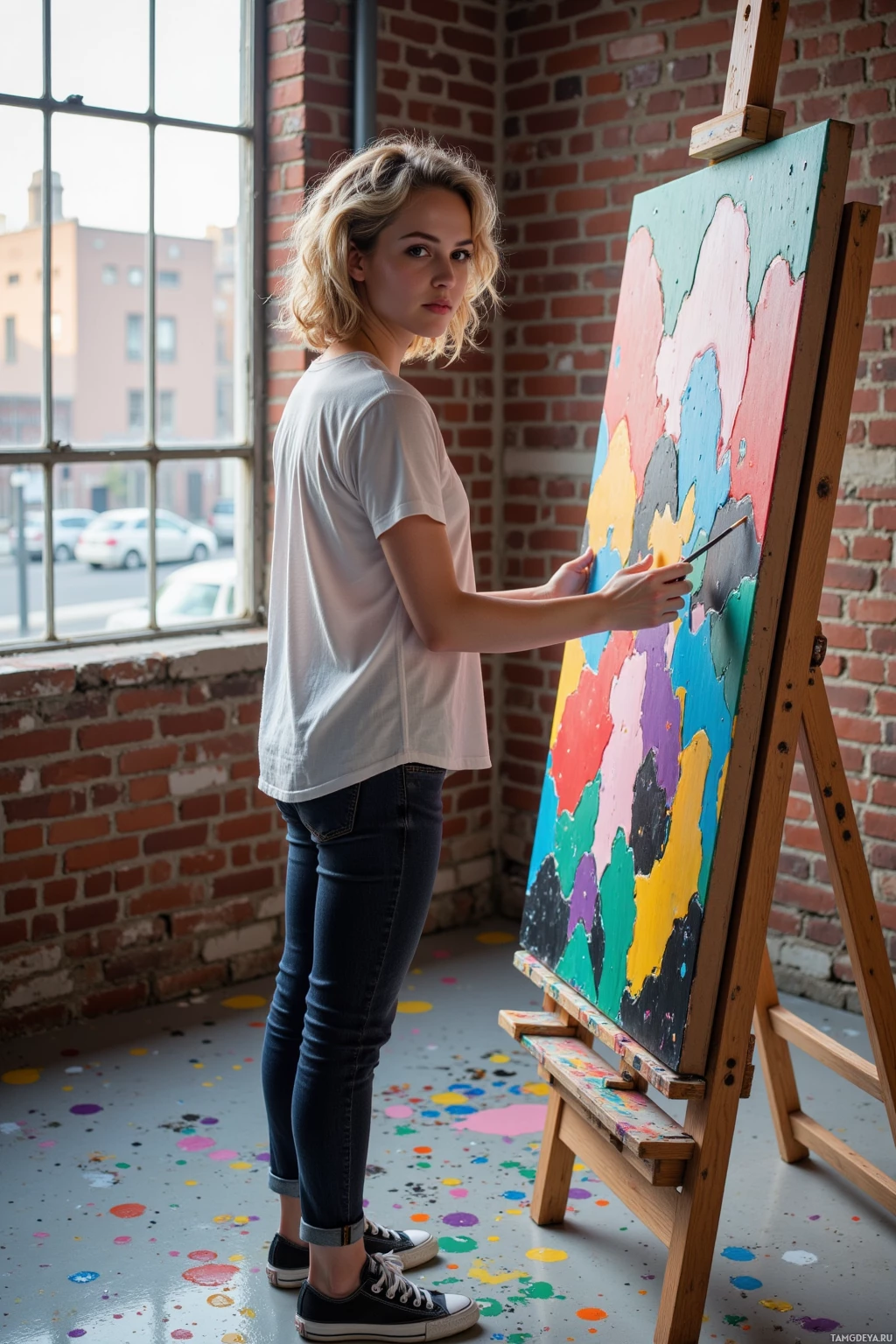 A person stands in front of an easel, painting a colorful abstract artwork in a studio with a brick wall and large window.