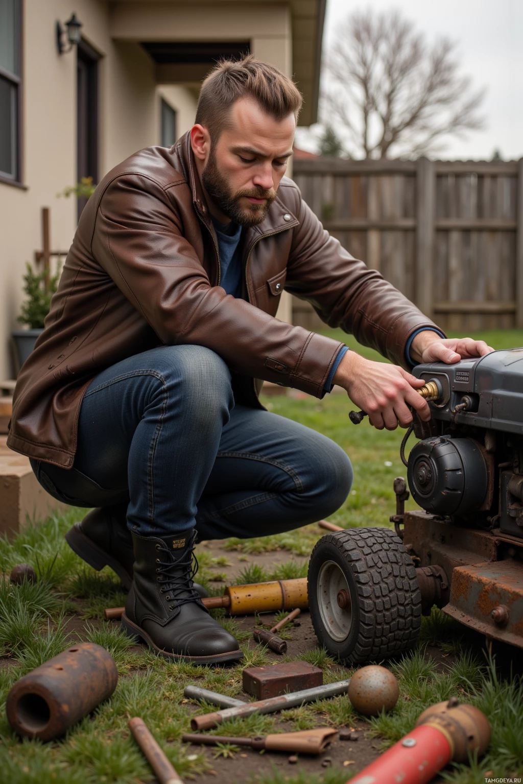 A man in a leather jacket and jeans is working on a small tractor in a backyard.