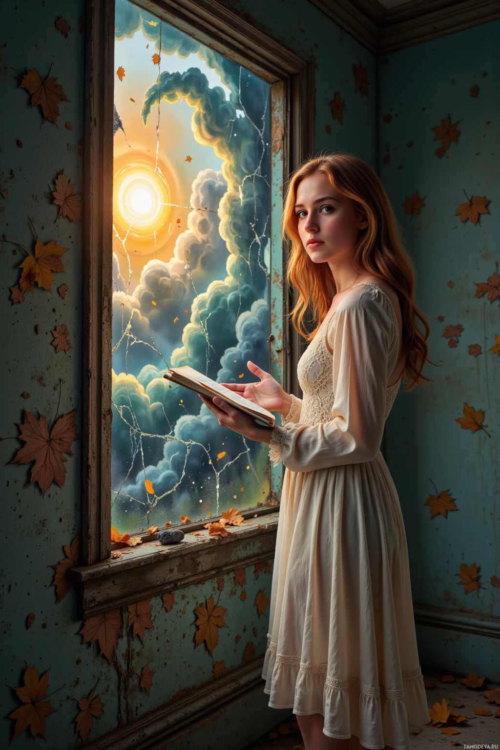 A woman in a white dress stands by a window with a cracked frame, holding an open book, surrounded by autumn leaves.