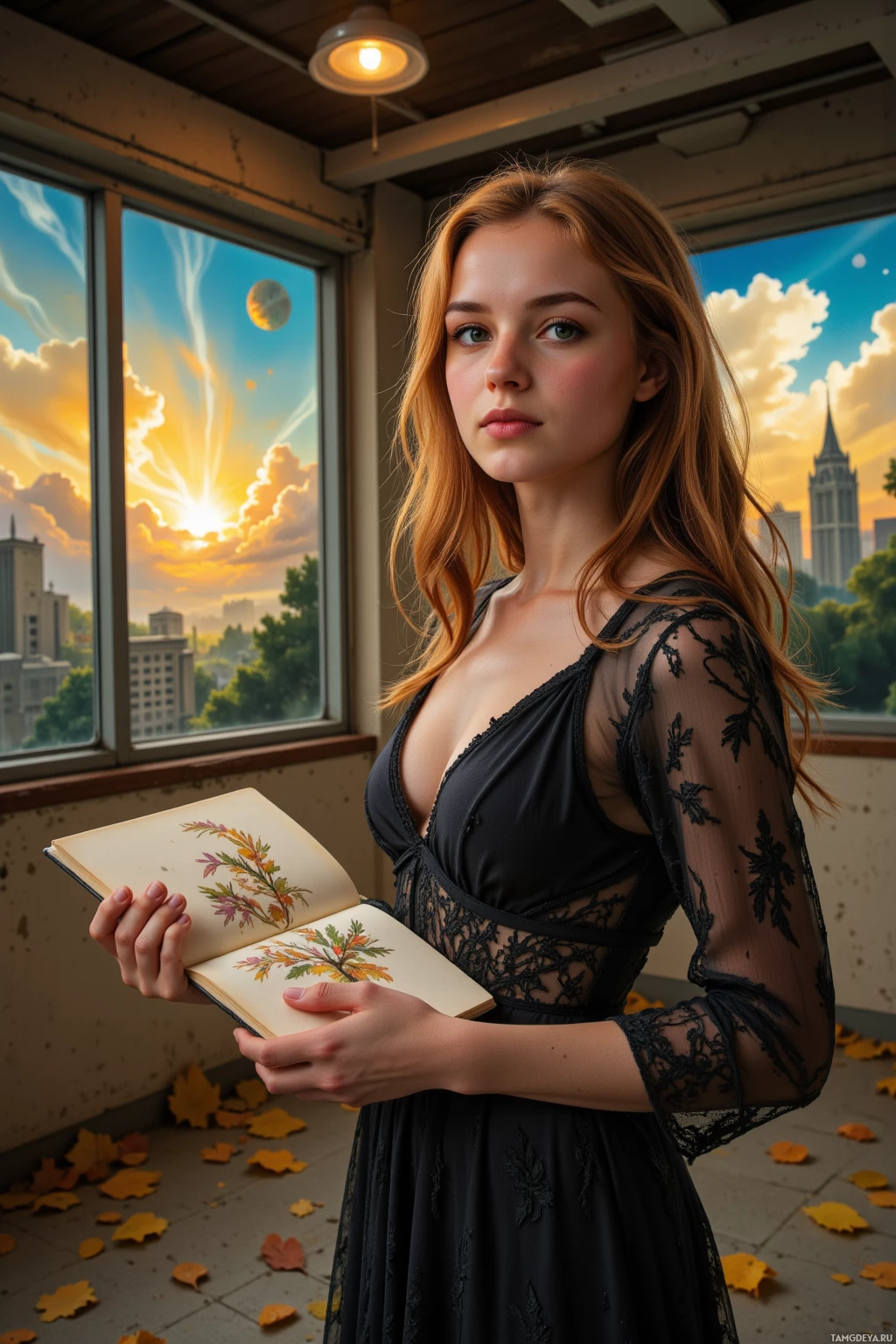 A woman in a black dress holds an open book with a floral illustration, standing by a window with a cityscape and sunset view.