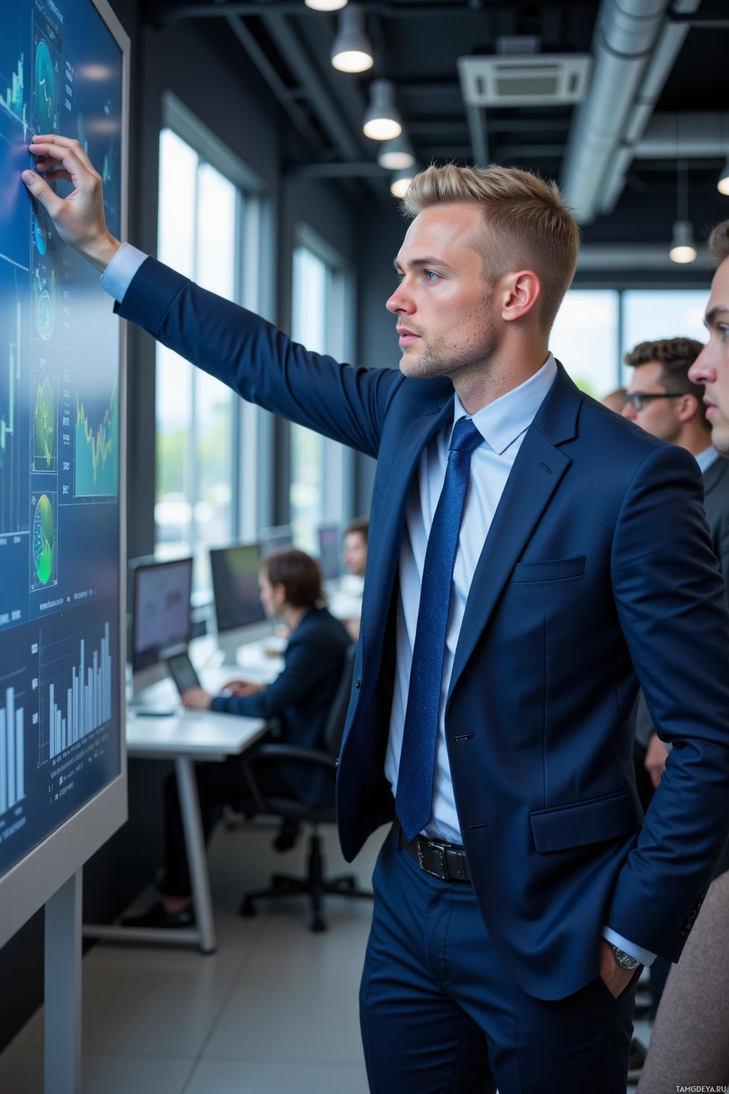 A man in a suit points at a large screen displaying graphs and data in a modern office setting.