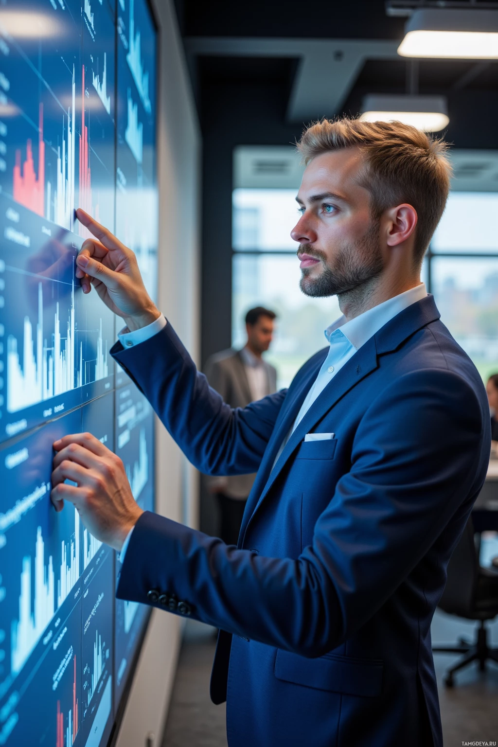 A man in a suit is analyzing data on a large screen.