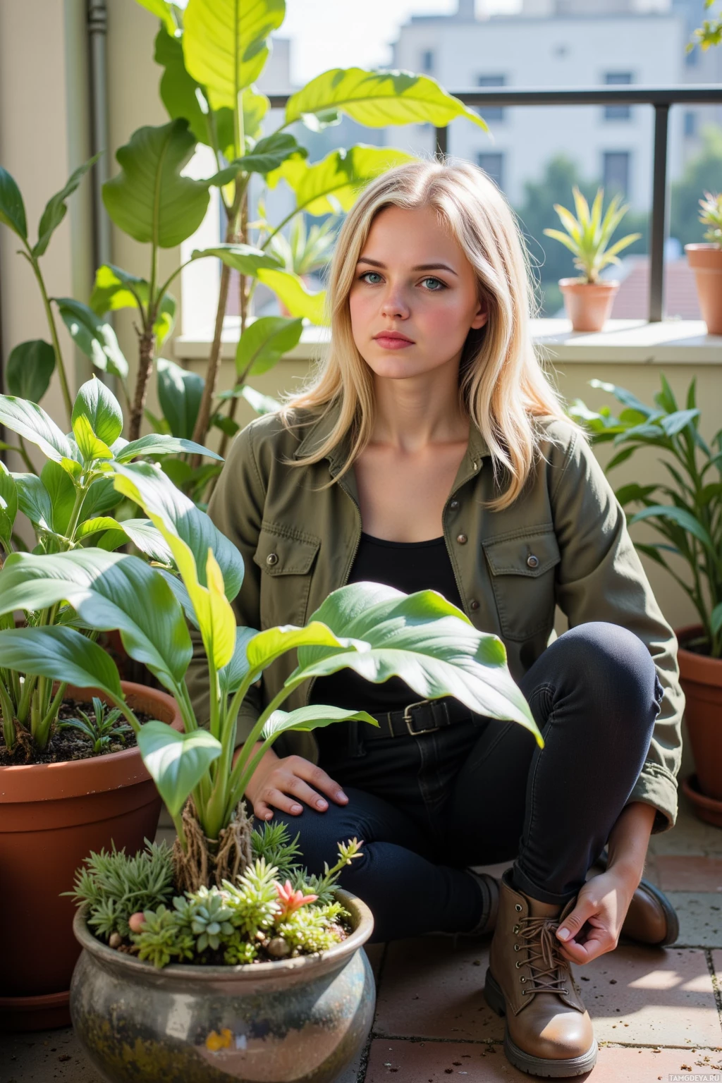 A person sits on a balcony surrounded by potted plants.