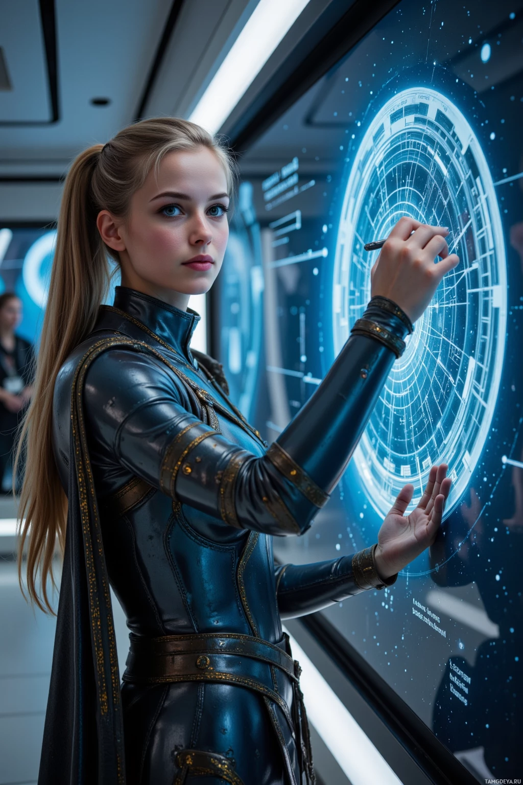 A person in a futuristic outfit interacts with a high-tech display.