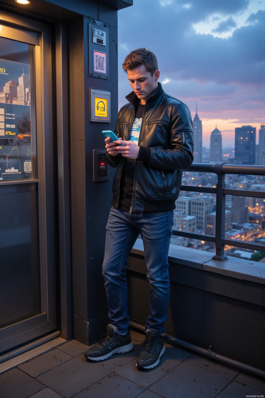 A person stands on a rooftop, looking at a phone with a cityscape in the background.