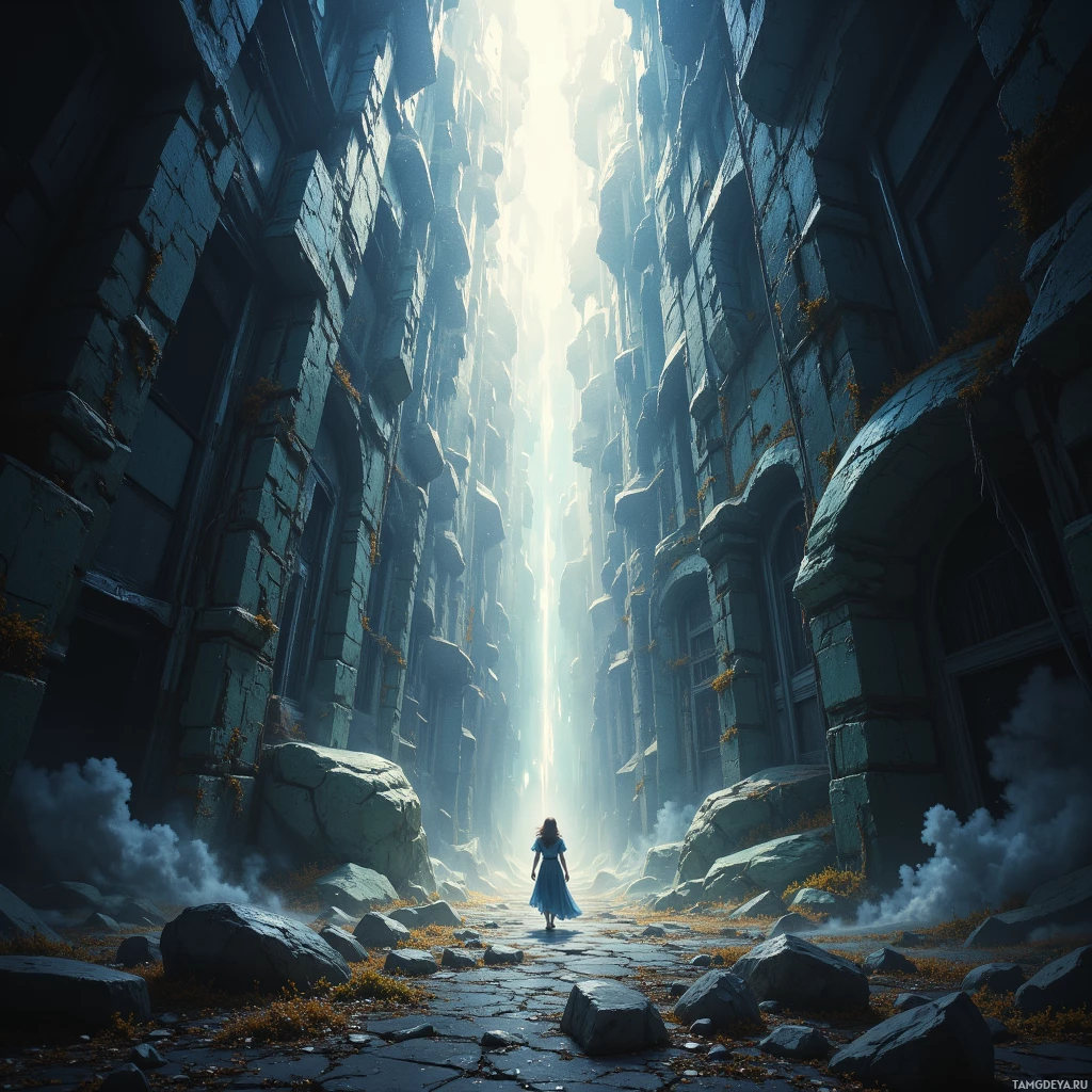 A lone figure in a blue dress walks through a narrow, ancient stone corridor illuminated by a bright light at the end.