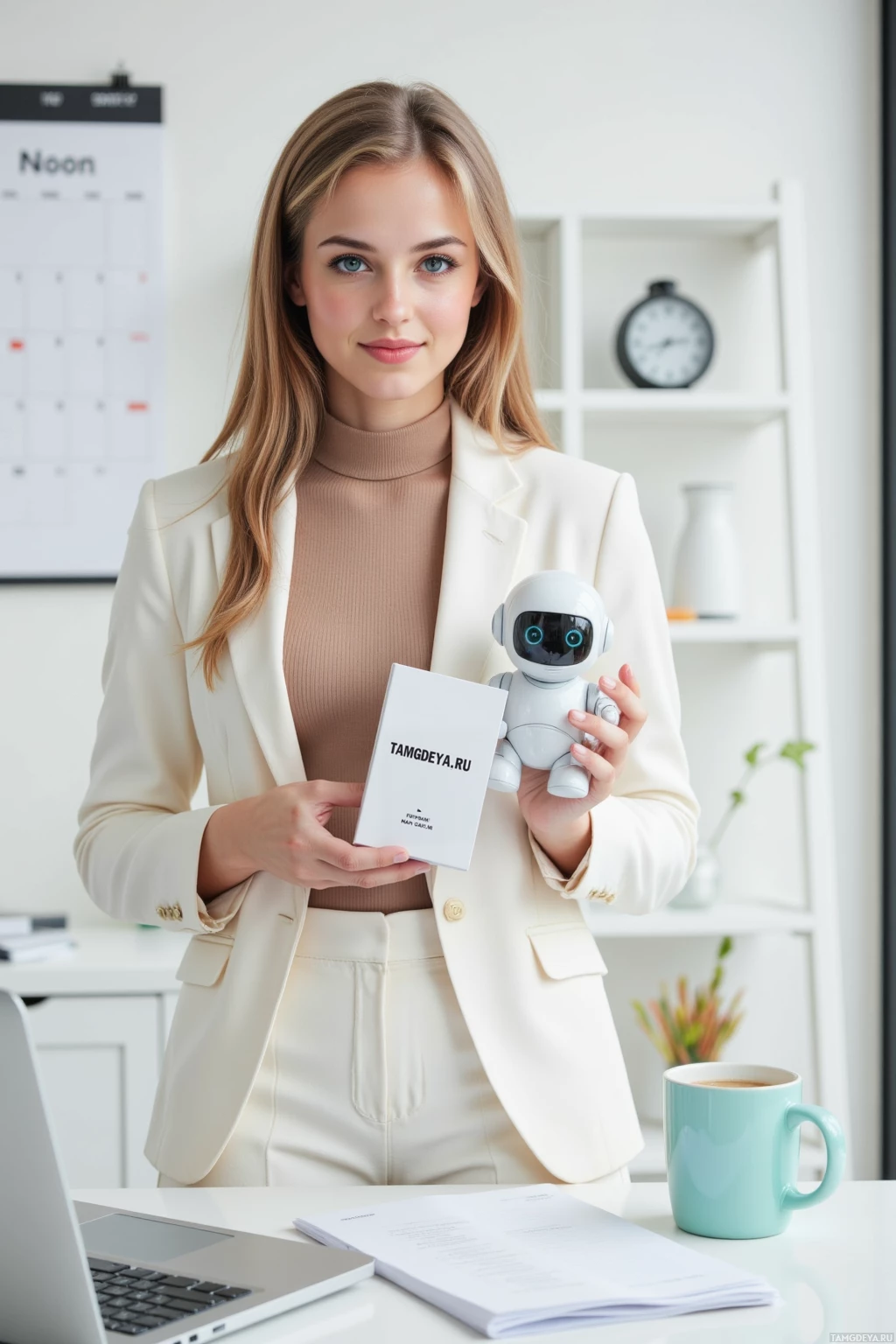 A woman in a professional outfit holds a small robot and its box in an office setting.