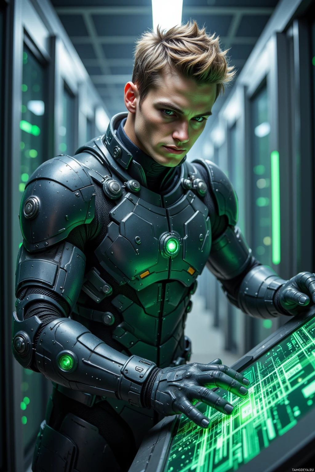 A person in futuristic armor interacts with a glowing green interface in a high-tech environment.