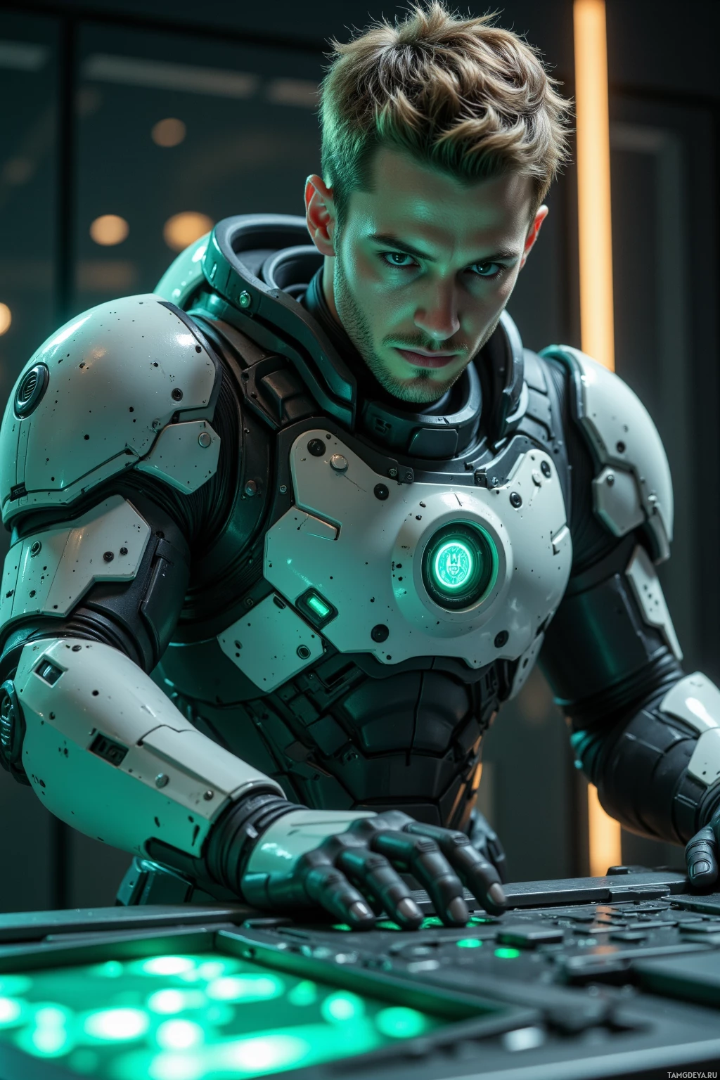 A person in futuristic armor is working on a high-tech console with glowing green lights.