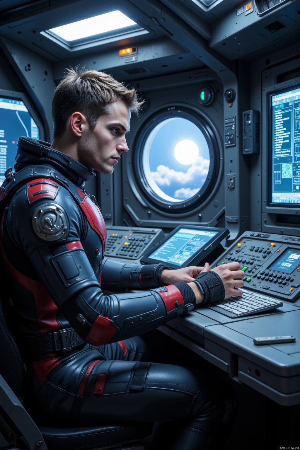 A person in a futuristic space suit operates a control panel inside a spacecraft.