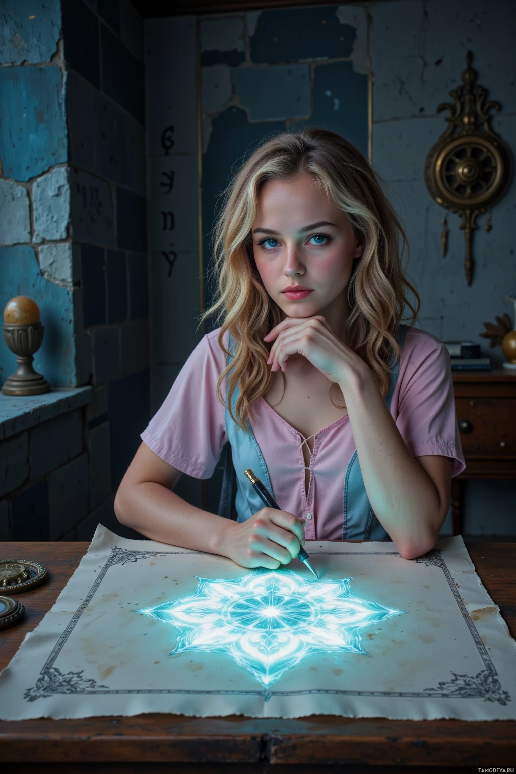 A person is drawing a glowing, intricate geometric design on a piece of paper.