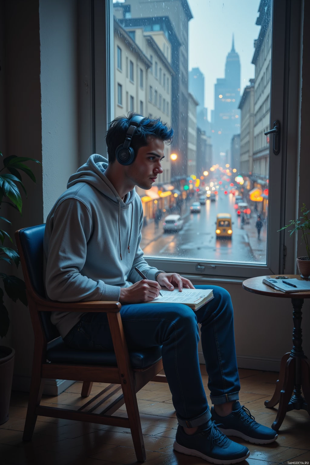 A person sits by a window, writing in a notebook, with a rainy cityscape visible outside.