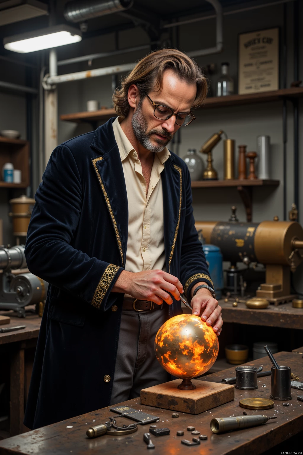 A man in a lab coat works on a glowing celestial model in a workshop.