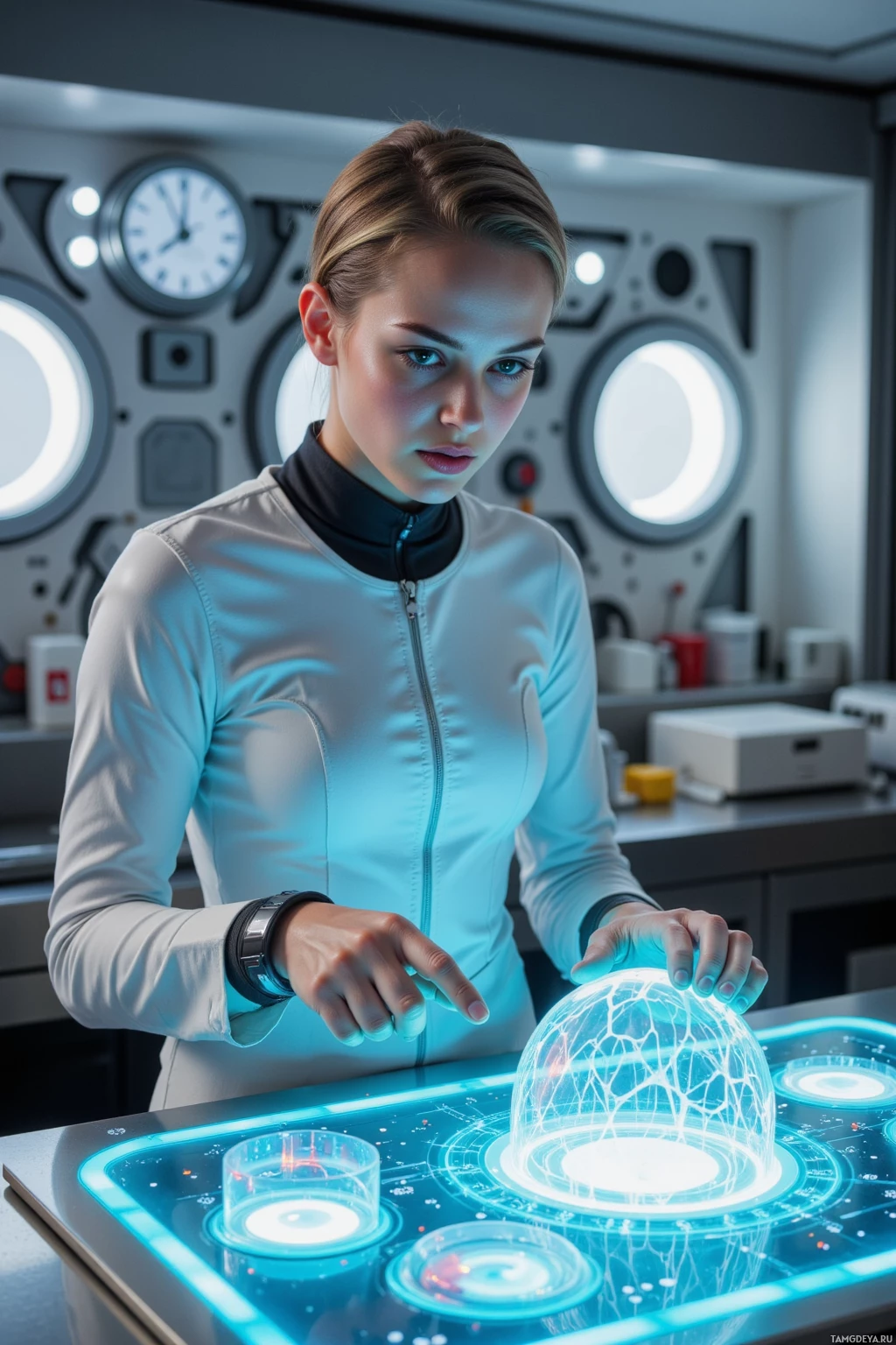 A person in a futuristic lab interacts with a glowing, high-tech interface.