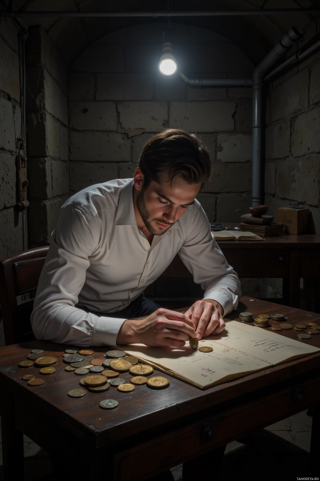 A man in a white shirt examines coins on a desk in a dimly lit room.