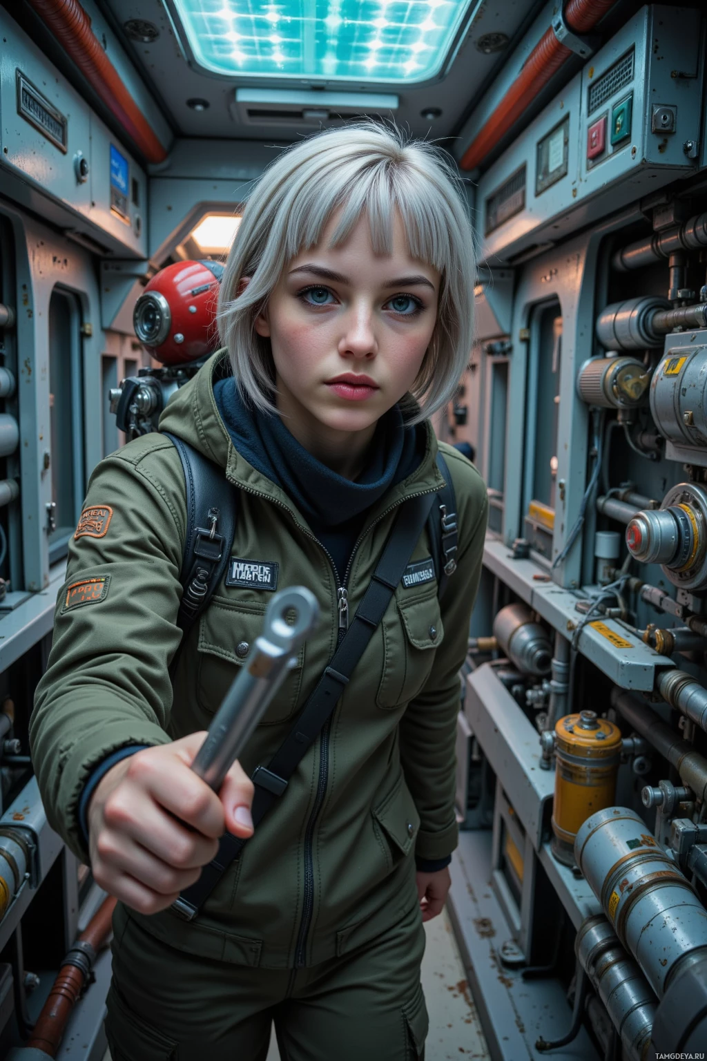 A person in a green uniform stands in a futuristic, industrial setting holding a tool.