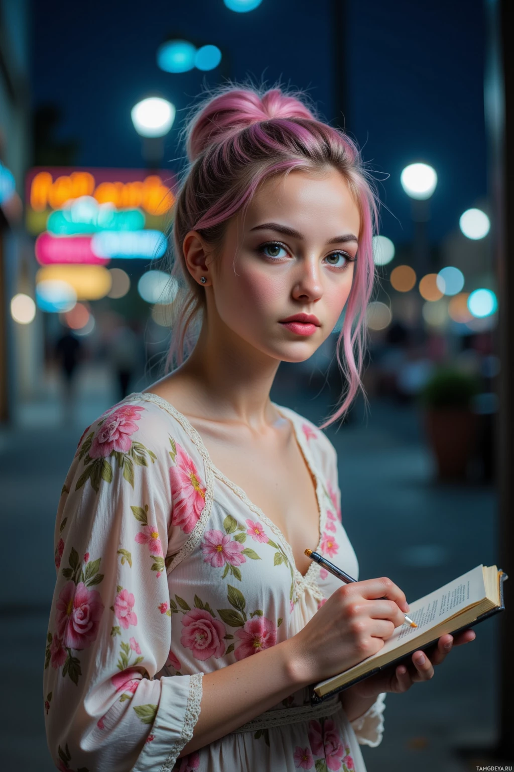 A young woman with pink hair in a floral dress holds a book and pen, standing in a city at night.