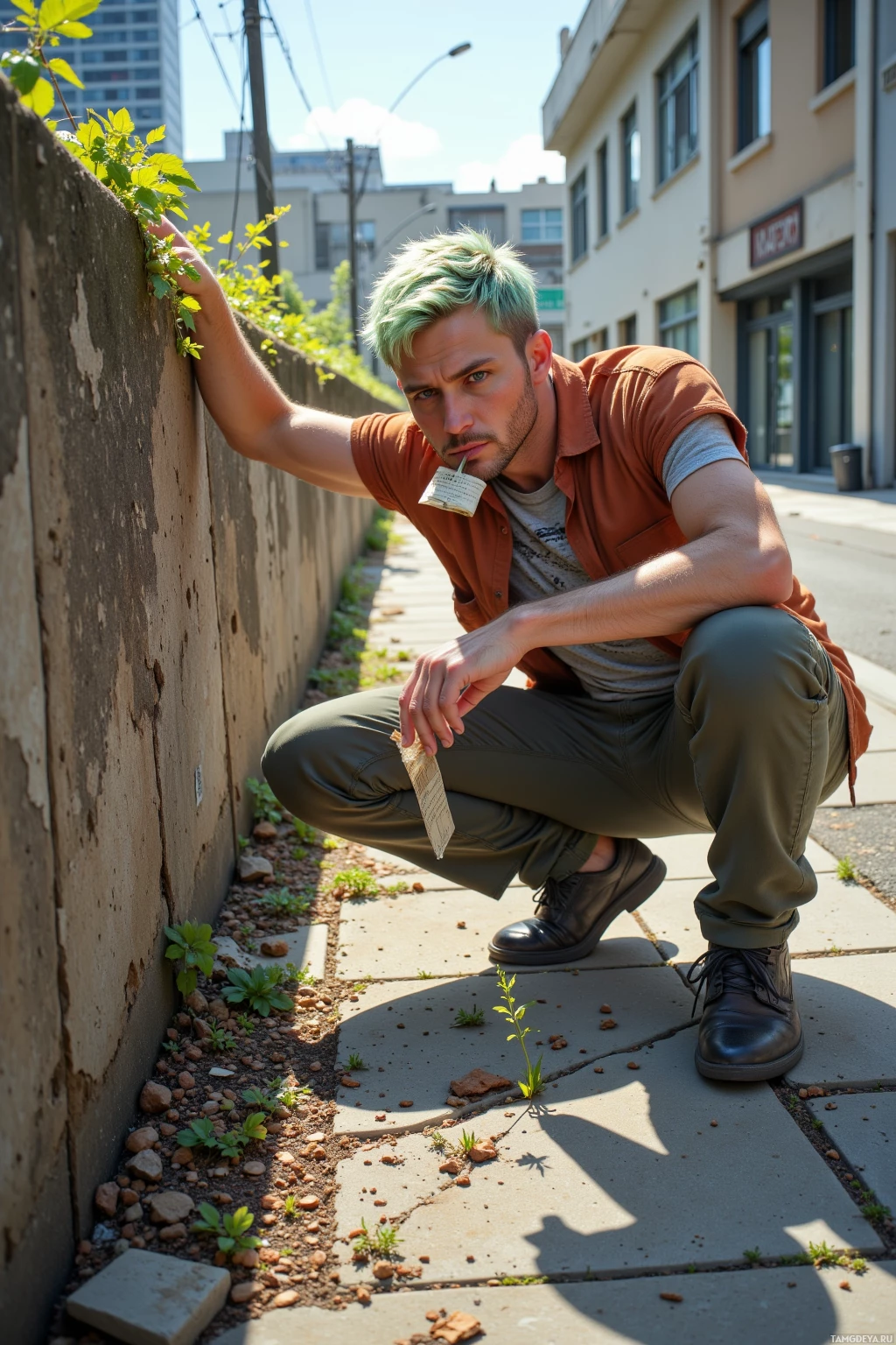 A person with green hair crouches on a sidewalk near a wall with plants growing on it.