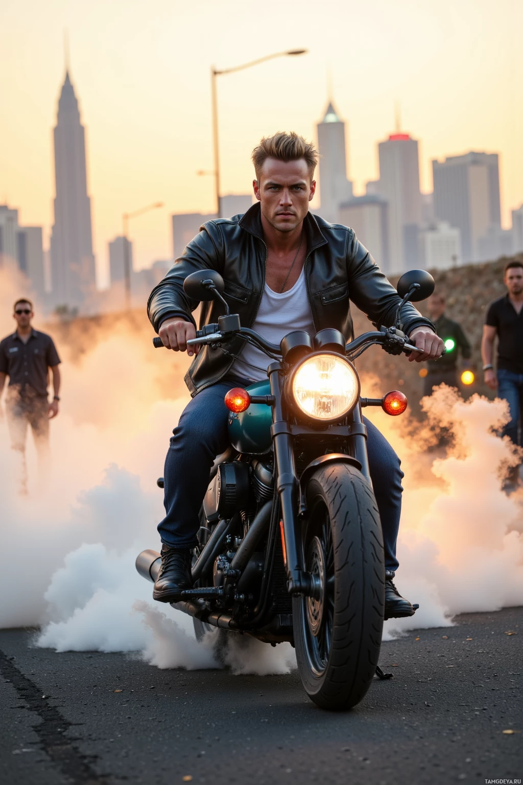 A man rides a motorcycle with smoke trailing behind, set against a cityscape at dusk.